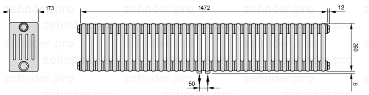 Схема (чертеж) Радиатор Zehnder Charleston 5026/32 №5410 Белый глянцевый RAL 9016